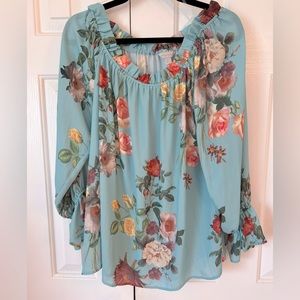 Romantic light turquoise Off Shoulder floral blouse